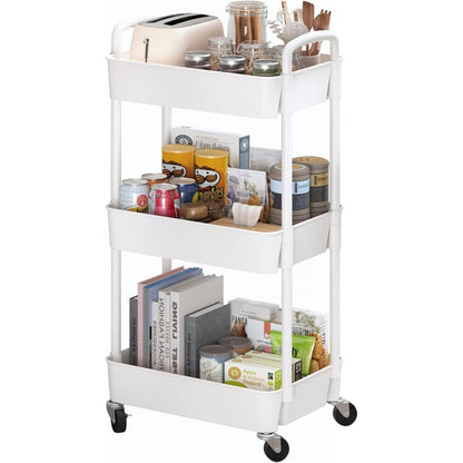 3-Tier Plastic Rolling Utility Cart with Handle, Multi-Functional Storage Trolley for Office, Living Room, Kitchen, Movable Storage Organizer with Wheels