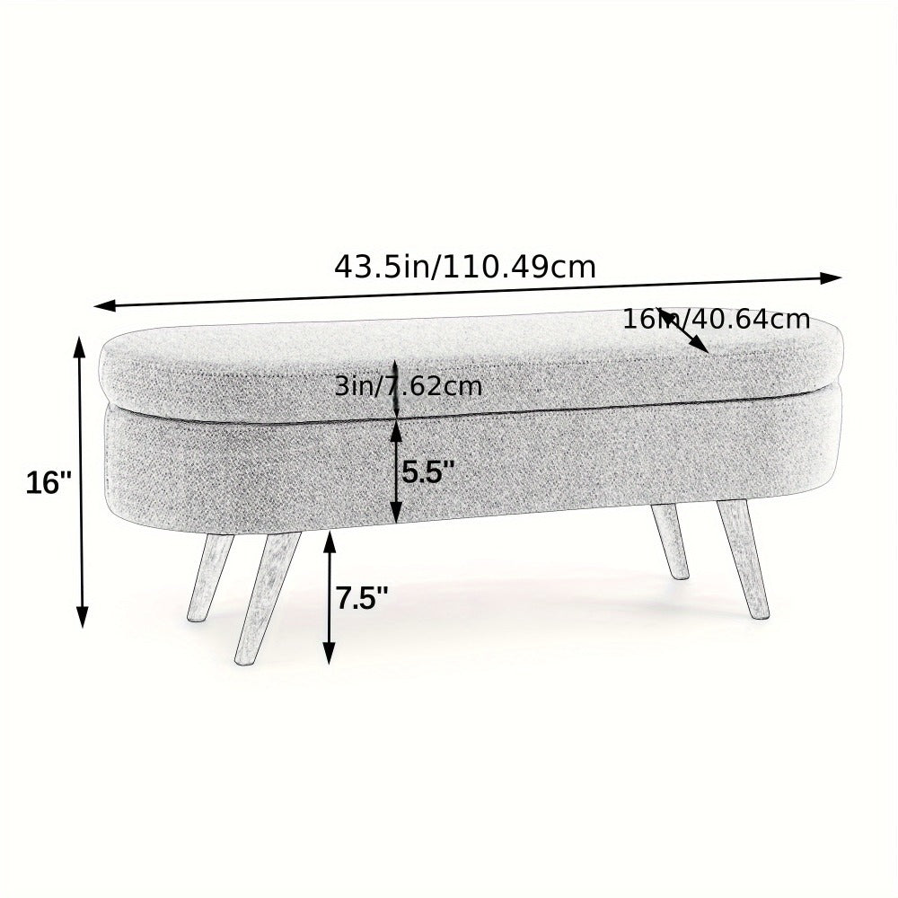 Oval Storage Bench with Linen Upholstery and Solid Wood Legs - Perfect for Hallway, Bedroom, or Living Room Organization