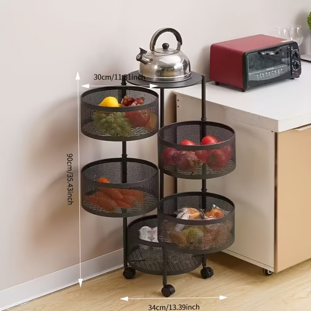 5-Tier Rotating Storage Cart with Wheels – 360° Spinning Round Iron Organizer, No Assembly, Space-Saving Rack for Kitchen, Office & Living Room