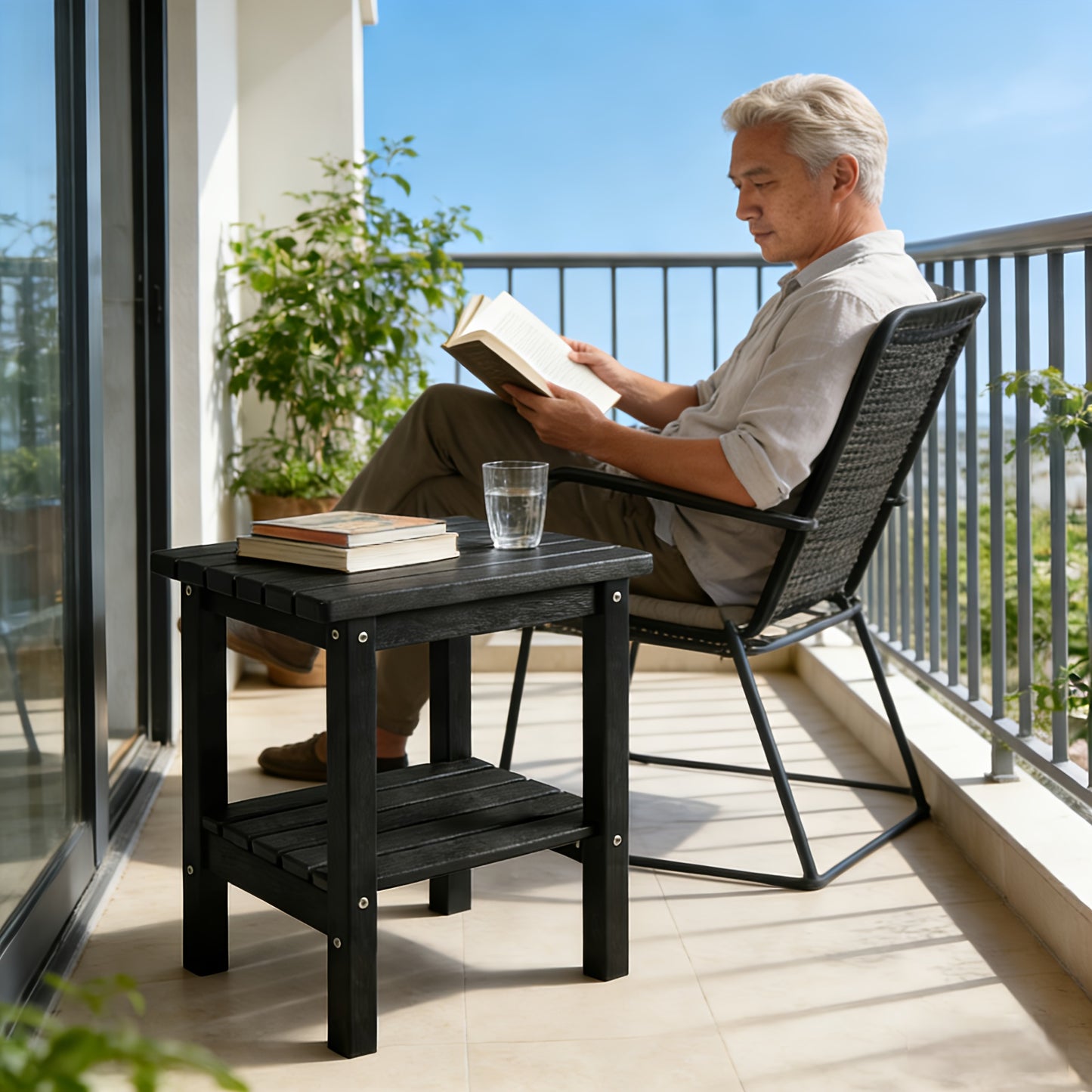 2-Tier Adirondack Side Table | Weather Resistant Wooden End Table, Rectangular Rustic Outdoor & Indoor Small Table For Patio, Garden, Lawn, Porch Or Living Room, High Density Polyethylene Frame With Wood Grain Coating