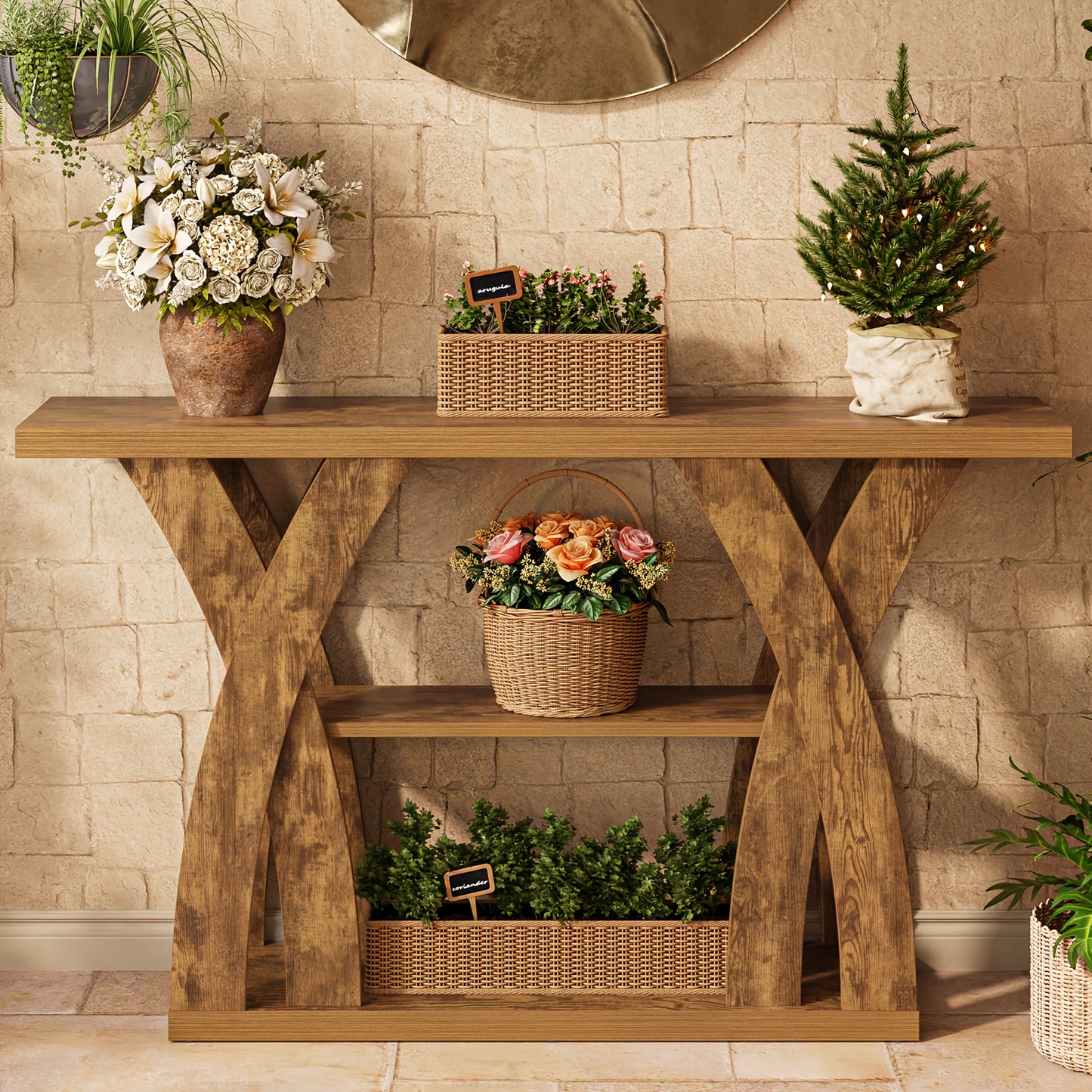 55 "Wooden Rustic Console Table, X-Shaped Leg Design, 2-Tier Shelf. Multifunctional Storage. Suitable for Use Behind The Sofa in The Living Room, in The Corridor, in The Entrance Hall, Or at The Entrance. Light Brown And Tiger Brown