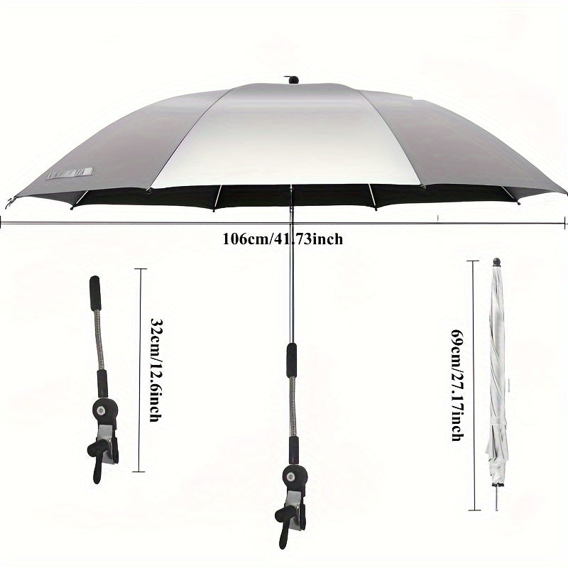 A Portable Outdoor Umbrella with a Clip That Can Rotate 360 Degrees, Featuring an Adjustable Heat-Resistant Rectangular Canopy Made of Tropical Blue Polyester Fabric And an Alloy Steel Frame, Designed for Manual Use with Camping Gear, Beach Chairs