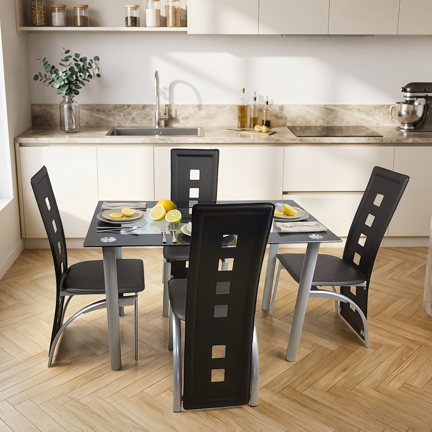 4pcs Hollow Decoration PU Leather Dining Chair Black