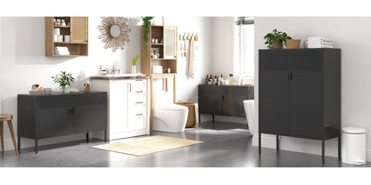 Two-Door Metal Storage Cabinet Featuring Adjustable Shelves - A Versatile 2-Tier Accent Cabinet Suitable for Home Office, Kitchen, Or Garage | Industrial Farmhouse Style Steel Cabinets