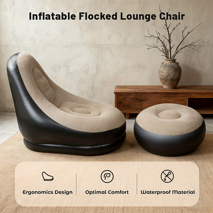 Adult Inflatable Deck Chairs Recliner with Foot Stool Inflatable Patio Lounge Sofa with Foot Pump Heavy-Duty Portable Folding Air Couch Ultra Lounge Space-Saving Indoor/Outdoor Lounge Chair for Living Room Camping Travel Balcony-Easy Setup & Storage