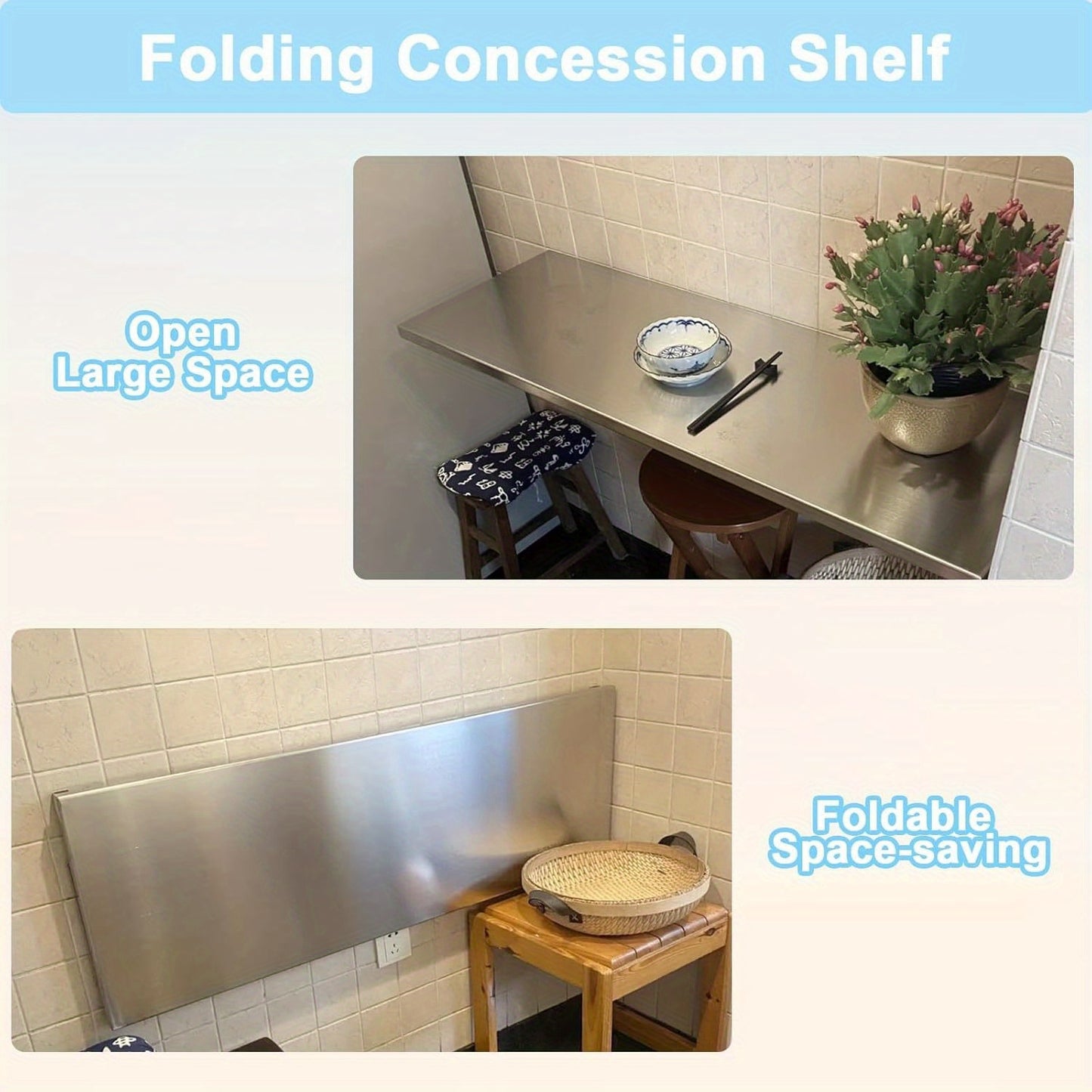 A Folding Table Made of 304 Stainless Steel, Designed to Be Mounted on The Wall, Serves As a Kitchen Storage Shelf And Is Appropriate for Use in The Living Room, Balcony, Bathroom, Or Laundry Area