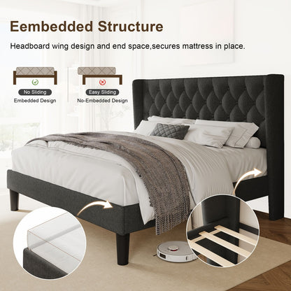 Modern Platform Bed Frame with 24-Inch Button-Tufted Headboard – Solid Wood Slats, Artistic Legs, Linen & Velvet, Dark Gray Light Grey Beige White Black, Full Queen King