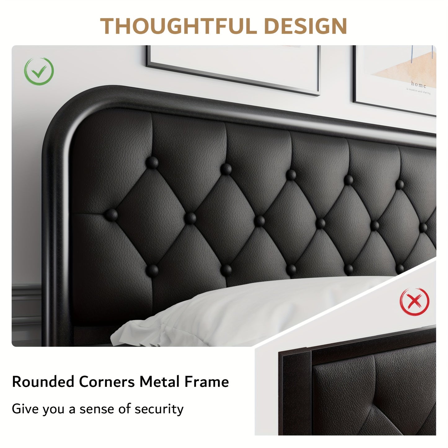 Valnase Metal Bed Frame, Platform Bed Frame with Faux Leather Headboard, Heavy-Duty Thicker Metal Steel Slats Support, 12'' Under-Bed Space, Easy Assembly
