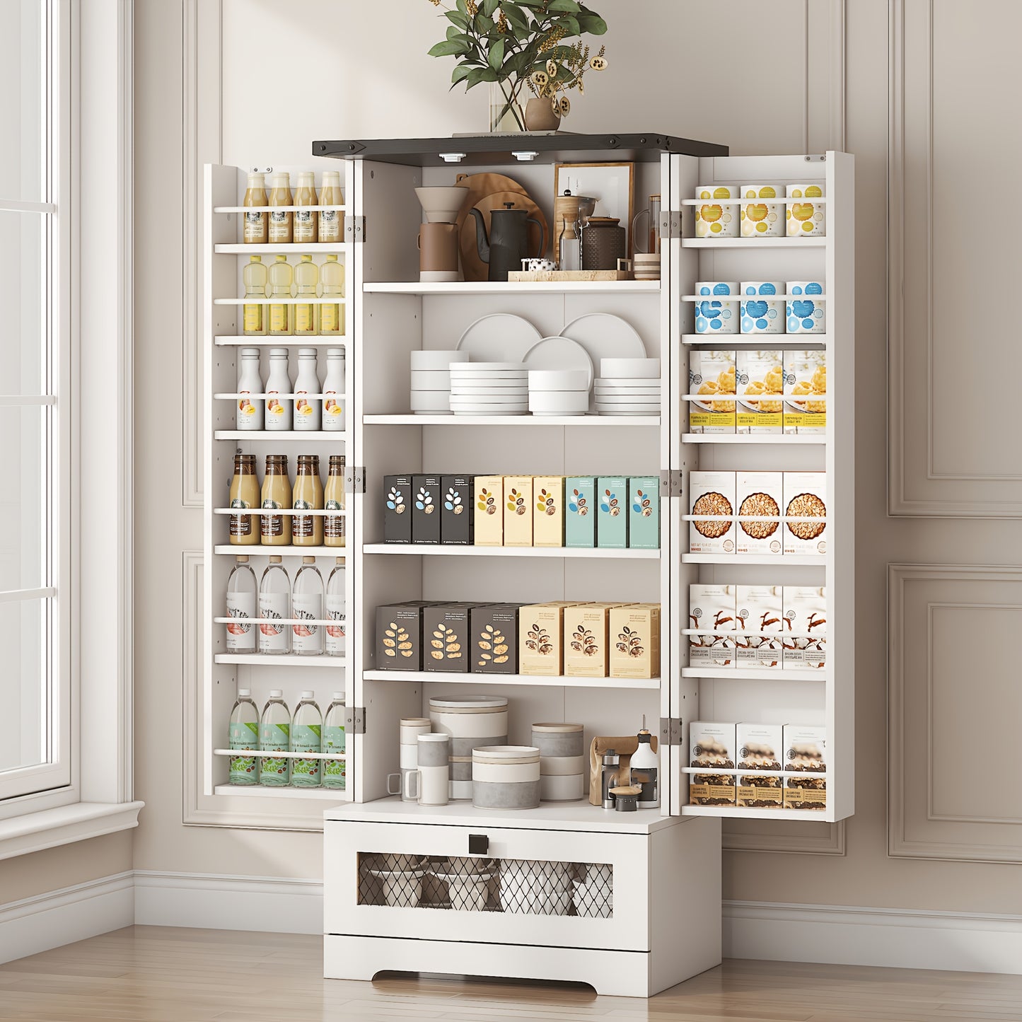 55'' Pantry Cabinet, Kitchen Pantry Storage Cabinet With Adjustable Shelves And Drawer, Wooden Kitchen Storage Cabinet, Buffet Cupboards Cabinet For Kitchen, Living Room, Bathroom, Dining Room