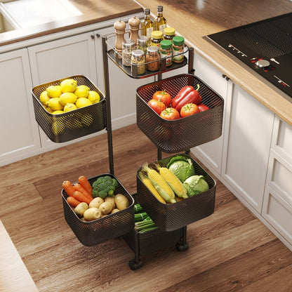 5-Tier Rotating Kitchen Storage Shelf with Wheels, Metal Fruit & Vegetable Basket Rack Storage Trolley, Floor-Standing Multi-Layer Organizer for Kitchen & Bathroom, Square