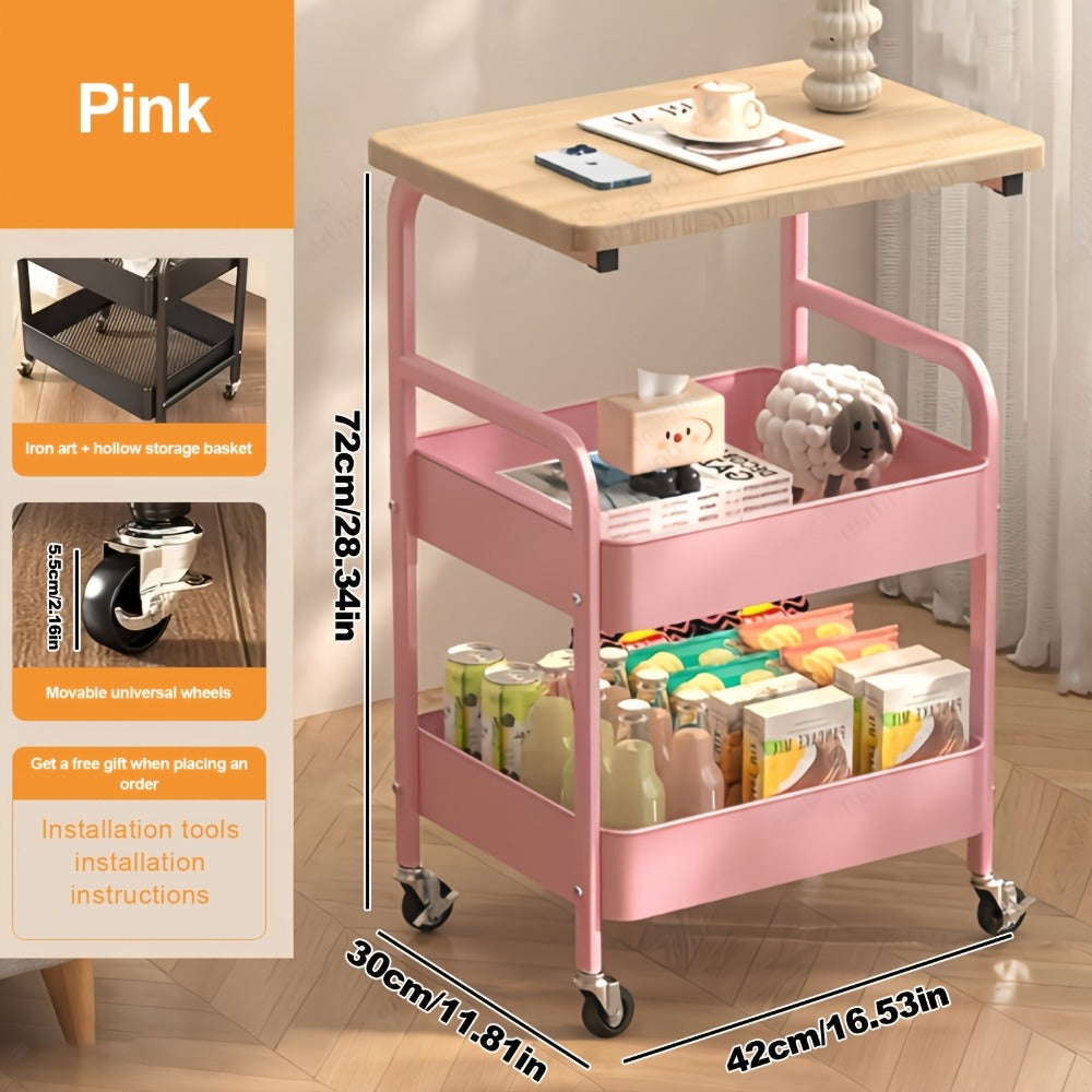 Metal Rolling Storage Cart with Solid Wood Tabletop & Wheels, Multi-Layer Steel Shelf Organizer for Kitchen Bedroom Bathroom Office Dorm, Snack & Supply Cart, Black White Blue