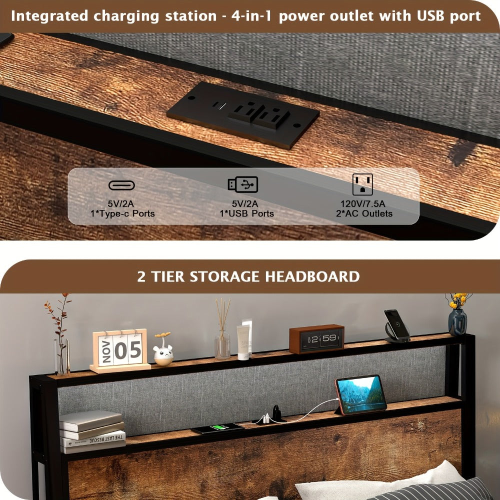 LED Bed Frame with Storage Headboard Charging Station 12 Color Lights Under Bed Storage No Box Spring Full Queen King