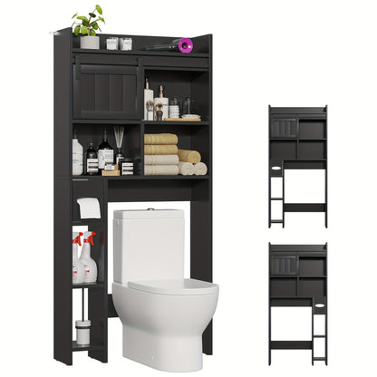 Over The Toilet Storage Cabinet with Sliding Door & Toilet Paper Holder Stand - Space-Saving Bathroom Organizer with Upper Shelf, Lower Storage & Door Storage, Freestanding Floor Cabinet for Bathroom, Restroom - Easy Assembly, No Tools Required, Modern Bl