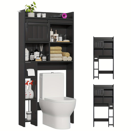 Over The Toilet Storage Cabinet with Sliding Door & Toilet Paper Holder Stand - Space-Saving Bathroom Organizer with Upper Shelf, Lower Storage & Door Storage, Freestanding Floor Cabinet for Bathroom, Restroom - Easy Assembly, No Tools Required, Modern Bl