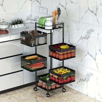 5-Tier Rotating Kitchen Storage Shelf with Wheels, Metal Fruit & Vegetable Basket Rack Storage Trolley, Floor-Standing Multi-Layer Organizer for Kitchen & Bathroom, Square