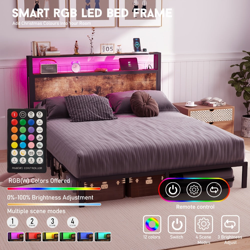 LED Bed Frame with USB Charging & 2-Tier Storage Headboard | Metal Platform, 12-Color Lights, Under-Bed Storage, 800 lbs, No Box Spring – Full Queen King