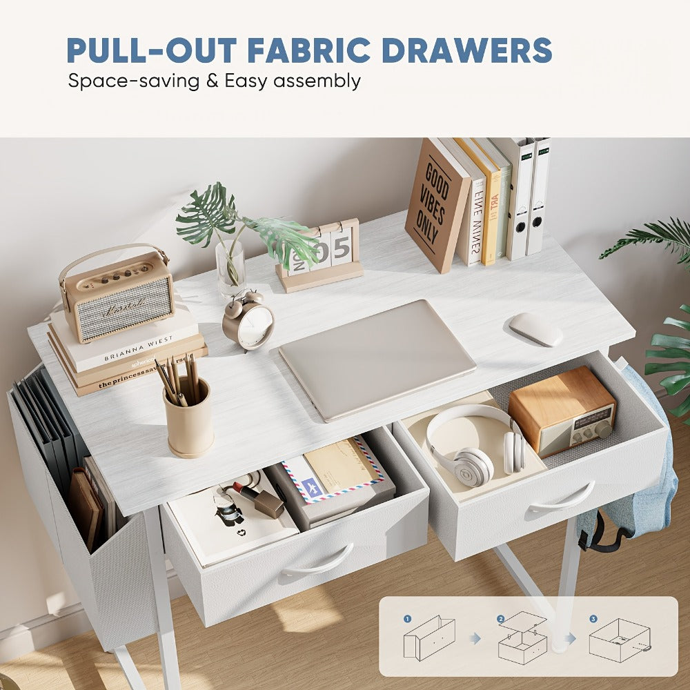 Small Makeup Vanity Desk 32" with Hair Dryer Hook & Side Bag – Compact Dressing Table with Storage Drawers, Modern Study Writing Desk for Small Spaces & Bedroom