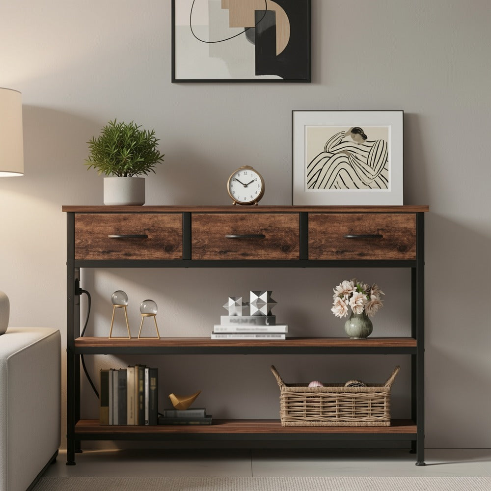 3-Tier Console Table with Charging Station 2 AC Outlets 2 USB Ports Fabric Drawers Open Shelves Narrow Entryway Sofa Table for Hallway Living Room Small Spaces