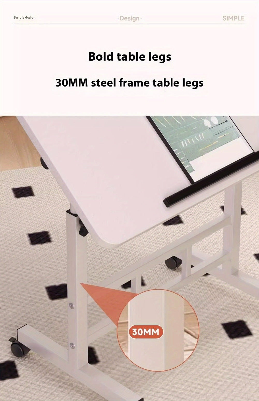 Adjustable Tilt Foldable Standing Desk 32"x16" – Portable Mobile Laptop Rolling Desk with Height Adjustment, Compact Sit-Stand Workstation, White