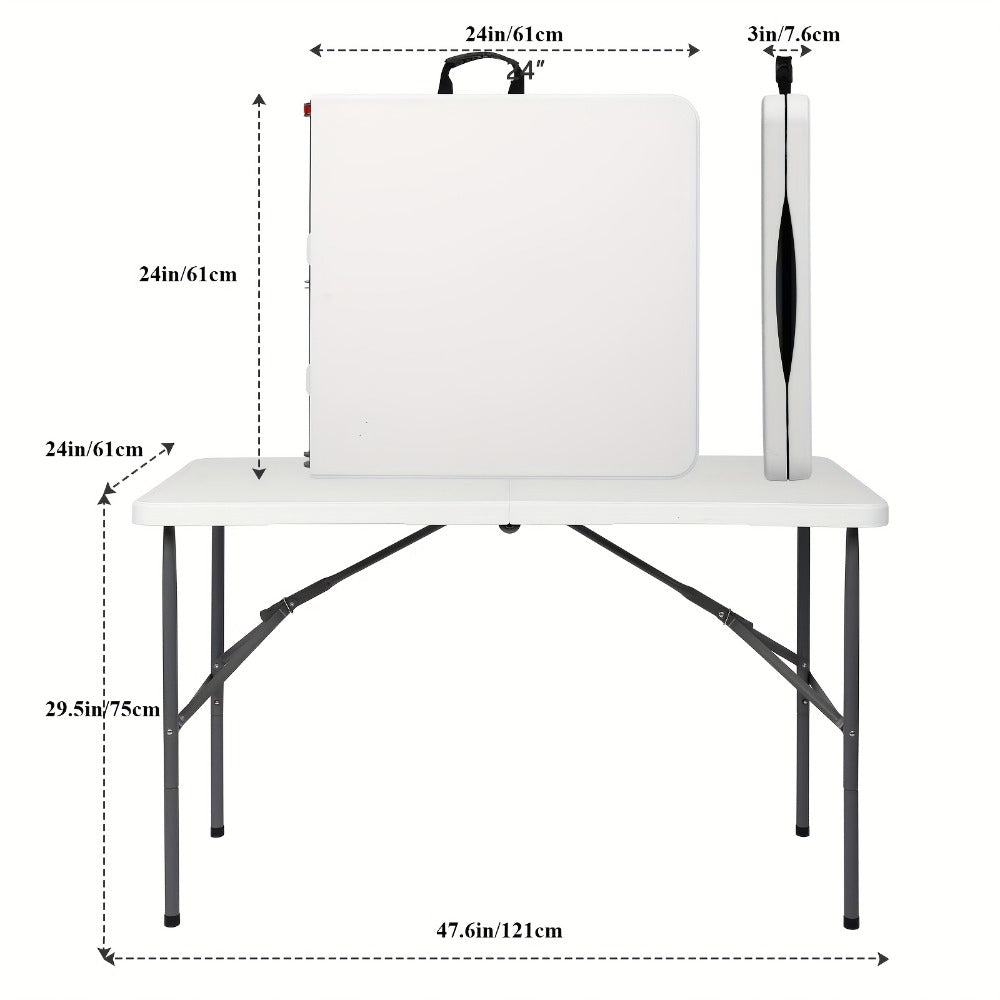 Heavy Duty Folding Table 4ft 6ft with 1.5" Thick HDPE Tabletop & Carrying Handle, White Portable Fold-Flat Table for Camping Picnic Party Trade Show Vendor Booth Indoor Outdoor Events