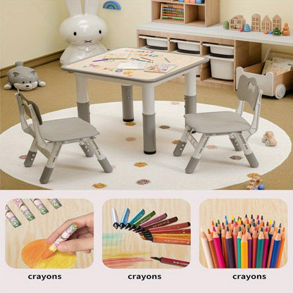 3pcs Easy-Clean Toddler Furniture Set: Height-Adjustable Table & 2 Sturdy Wooden Chairs, Perfect for Kids' Activities in Classrooms, Bedrooms, Playrooms, & Homes, Christmas Gifts