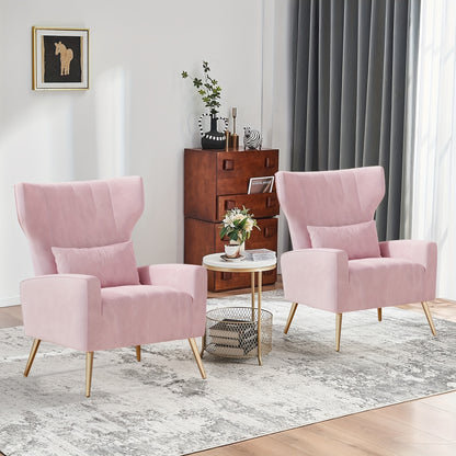 Velvet Accent Chair Wingback for Living Room, High Back Arm Chair with Golden Legs Lumbar Pillow, Upholstered Single Sofa Bedroom, Local Warehouse.
