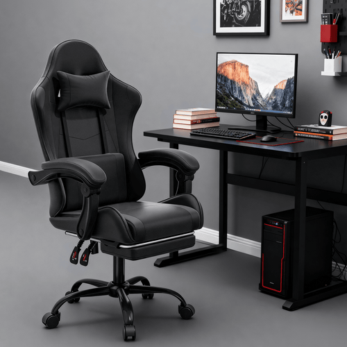 Ergonomic Gaming Chair with Retractable Footrest & Detachable Lumbar Support 360 Degree Swivel Racing Style PU Leather Computer Gaming Chair with Headrest for Home Bedroom Office