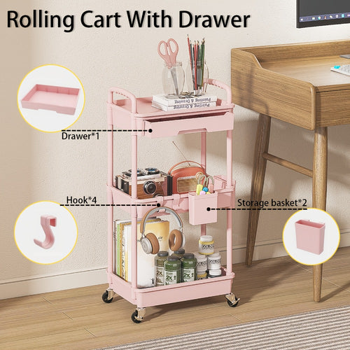 3-Tier Rolling Cart with Drawers Lockable Wheels Cup Holder Hooks Plastic Storage Organizer for Kitchen Bathroom Living Room Office Salon Black Grey Green Pink White