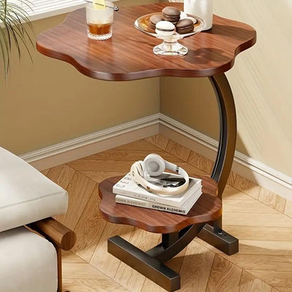 Double-layer petal-shaped side table with metal frame, multi-purpose portable coffee table suitable for sofa end in living room, fiberboard structure, applicable to various models