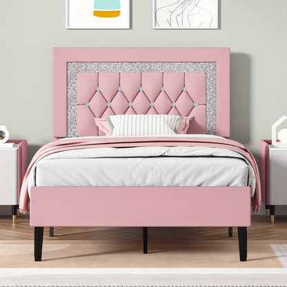 [Halloween] Twin Full Queen Size Bed Frame, Diamond Headboard, Wood Slats Support, Princess Bed Frame, Easy To Assemble, Soft PU Leather, Maximum Weight Recommendation 900Pounds, Furniture For Home, Bedroom Decor, Bedroom Furniture, Pink/White/Black Hallo