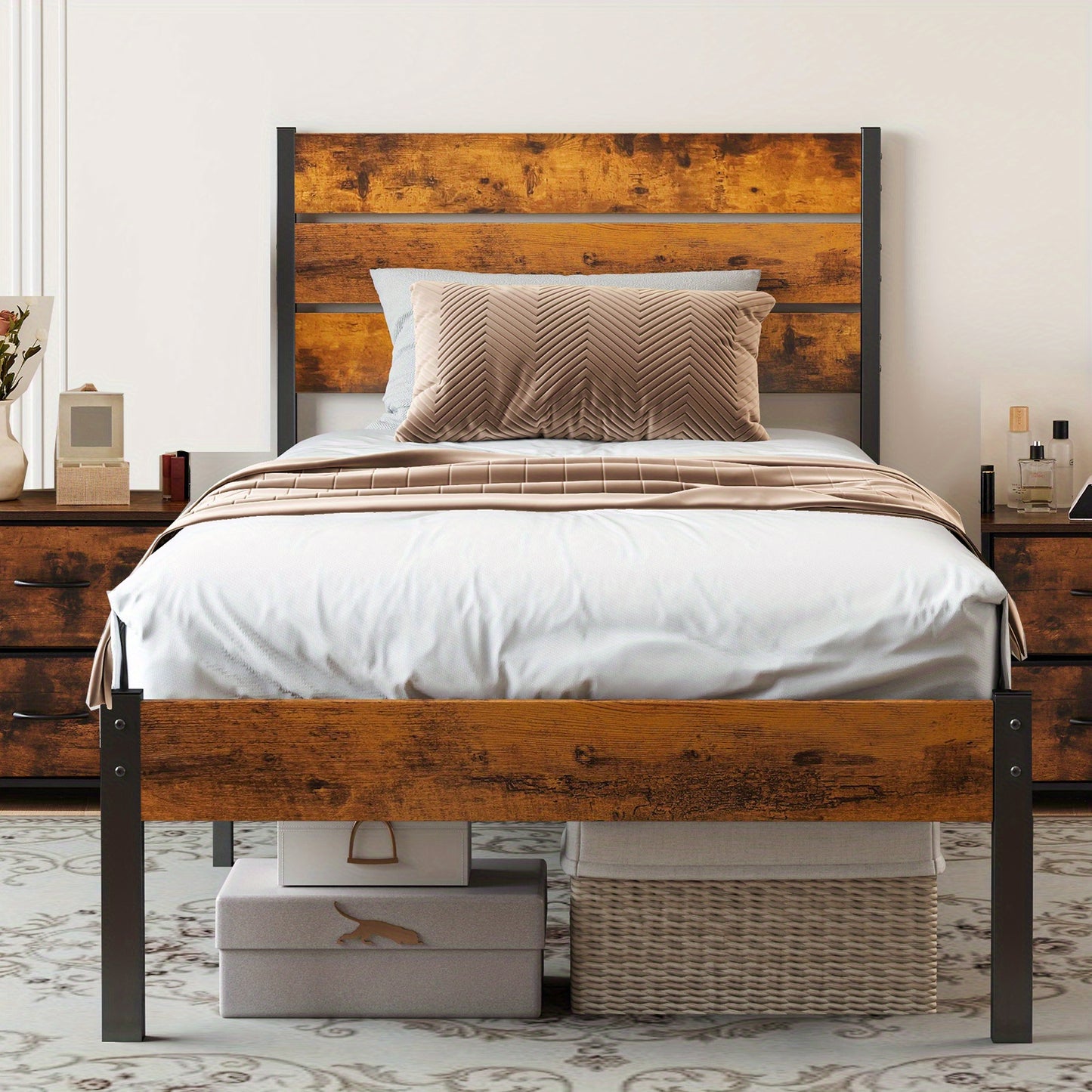 Metal Platform Bed Frame - Mattress Base With Headboard And Footboard, No Box Spring Required, Features Sturdy Wooden Slats Supporting 700-800 Pounds, Available For Purchase As Needed.