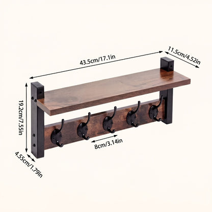 Wall-Mounted Coat Rack with Shelf & Hooks Heavy Duty Industrial Metal, Rustproof Entryway Organizer Multi-Tier Storage for Hallway Mudroom Porch, No Assembly Required Vintage Style