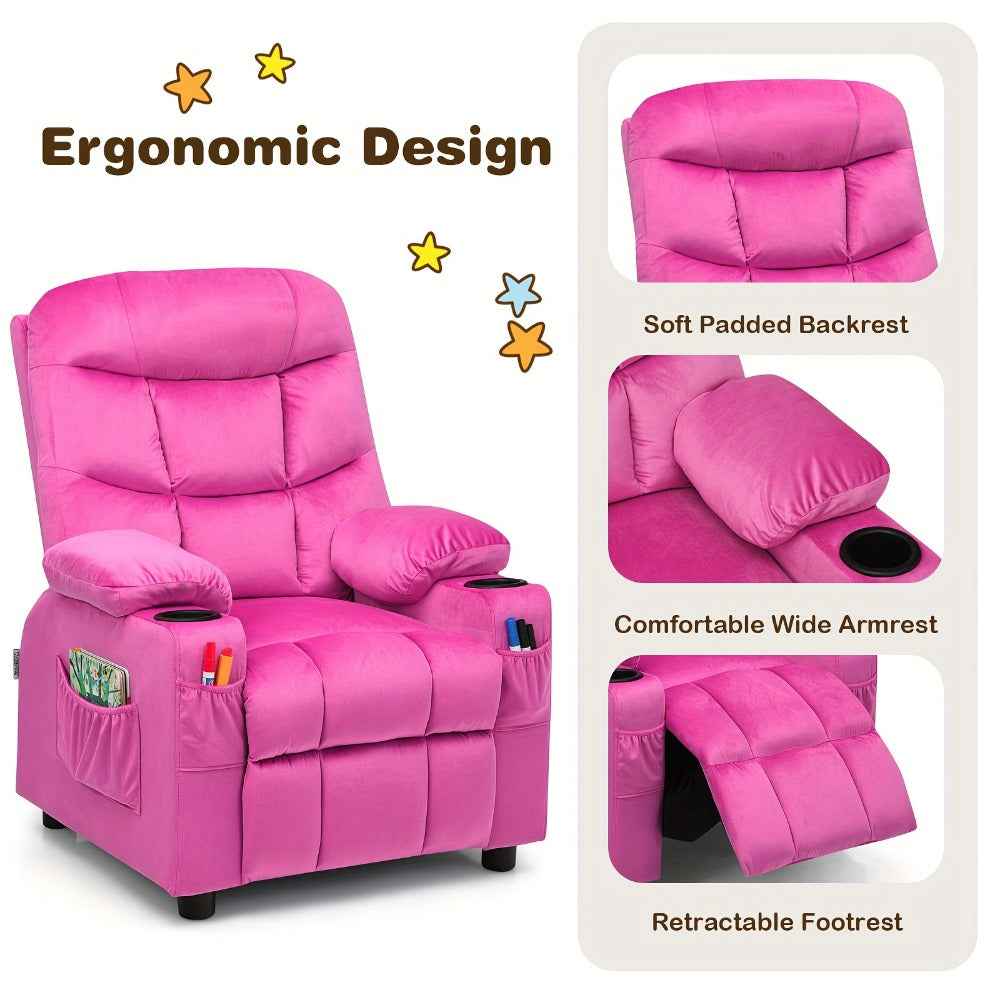 Girls' Pink Velvet Recliner Chair with Cup Holder & Storage Pocket - Heavy-Duty 300lb Capacity, Ergonomic Backrest & Armrests, Manual Recliner with Safety Belt - Modern Soft Cushioned Lounge Chair for Kids & Teens, Easy Assembly, Ideal for Bedroom, Living