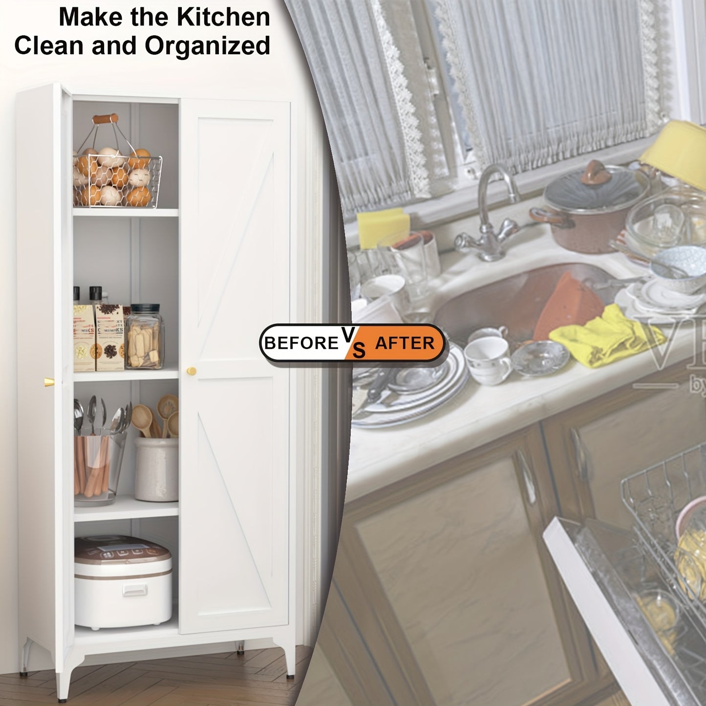 Metal Storage Cabinet, Metal Kitchen Pantry Cabinet, Food Pantry Storage Cabinets With Doors And Shelves, Large Steel Storage Cabient For Dinning Room, Laundry Room, White/Black