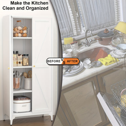 Metal Storage Cabinet, Metal Kitchen Pantry Cabinet, Food Pantry Storage Cabinets With Doors And Shelves, Large Steel Storage Cabient For Dinning Room, Laundry Room, White/Black