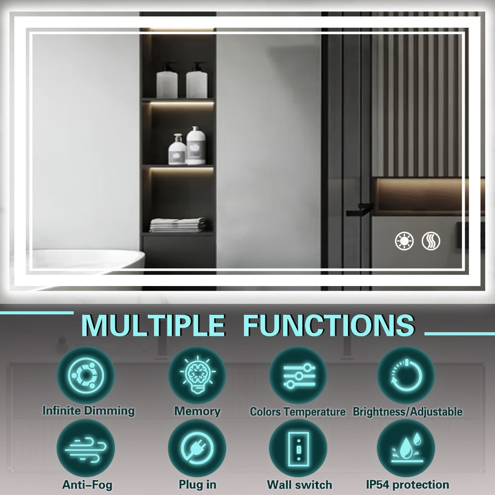 48x28 LED Bathroom Mirror with Lighting, Anti-fog, Adjustable Brightness, Backlight + Front Light, Smart Bathroom Dressing Mirror, Memory Function, Touch Screen Function, Shatterproof, Tempered Glass (horizontal/vertical)