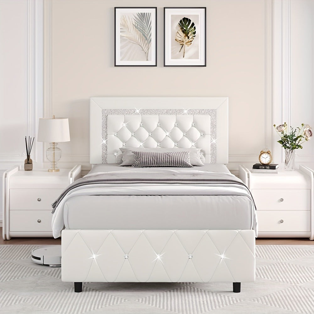 Upholstered Platform Bed Frame with Button-Tufted Diamond Headboard – Wooden Slats, No Box Spring Needed, Twin Full Queen King, Black White Pink Green Gray Beige
