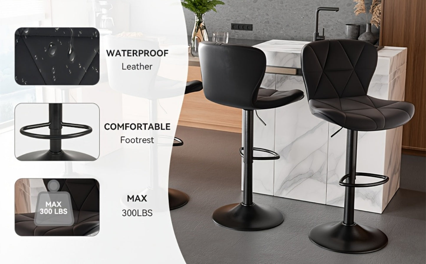 Swivel Bar Stools Set of 1/2/3/4, Adjustable Height Faux Leather Upholstered Counter Stools with Back & Thickened Cushion, Modern Island Barstools for Kitchen, Restaurant & Home Bar – Black White Gray Khaki