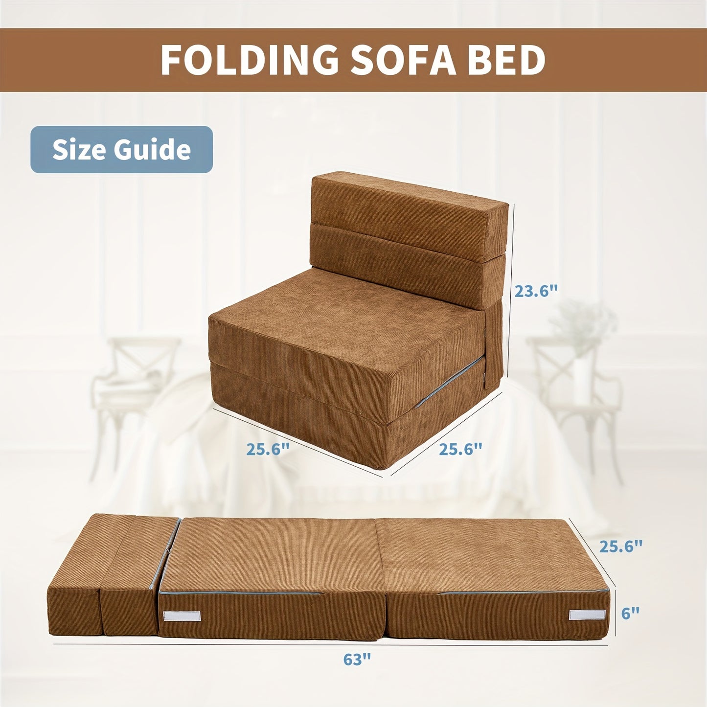 Tri-Fold Folding Mattress Floor Sofa Bed, Portable Memory Foam Sleeping Mat Convertible Couch for Adults Camping Guest, 63"×25.6"×6" - Furn Mivo