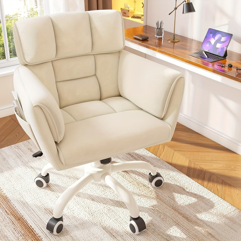 Vanity Chair for Bedroom with Mid-Back, Side Pockets & Wheels – Soft Upholstered Adjustable Height Swivel Desk Chair, Skin-Friendly Fluffy Fabric, White, Cream, Grey, Pink, Black