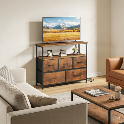 5-Drawer TV Stand Dresser Suitable for 45" Tvs - Media Console Featuring a Charging Station, 2 Shelves, And Storage for Living Room Or Bedroom