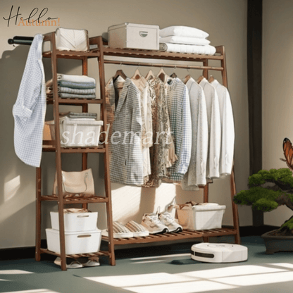 A multi capacity storage rack with brown and brown options, equipped with 5 side storage racks. A hat rack with shelves and bags is suitable for home storage, and a side hat hook is suitable for bedroom and hat room storage Specifications: with bag or wit