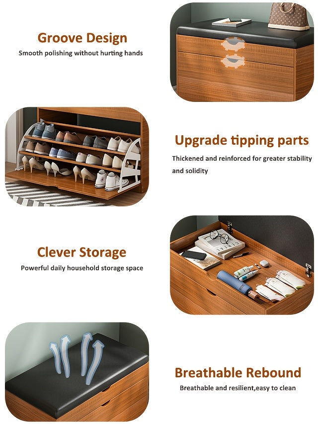 Shoe Bench with Flip-Drawer And Cushion, Freestanding Shoe Rack for Entryway
