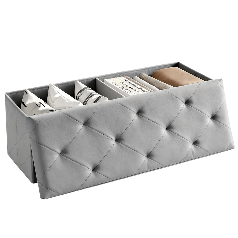 43 Inch Folding Storage Ottoman Bench - Upholstered Foot Rest Stool with 660 Lbs Weight Capacity, Extra-Strong Frame, Soft Synthetic Leather, for Living Room, Bedroom, Office & Dorm - Space-Saving, Multi-Functional Design