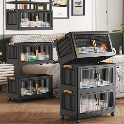 50CM/19.7" Portable Foldable Medicine Cabinet with Lid, 3/4/5/6-Tier Large-Capacity Stackable Black Medicine Box Cabinet with Casters, Multi-Functional Vertical Storage Cabinet, Easy Assembly, for Living Room, Bathroom