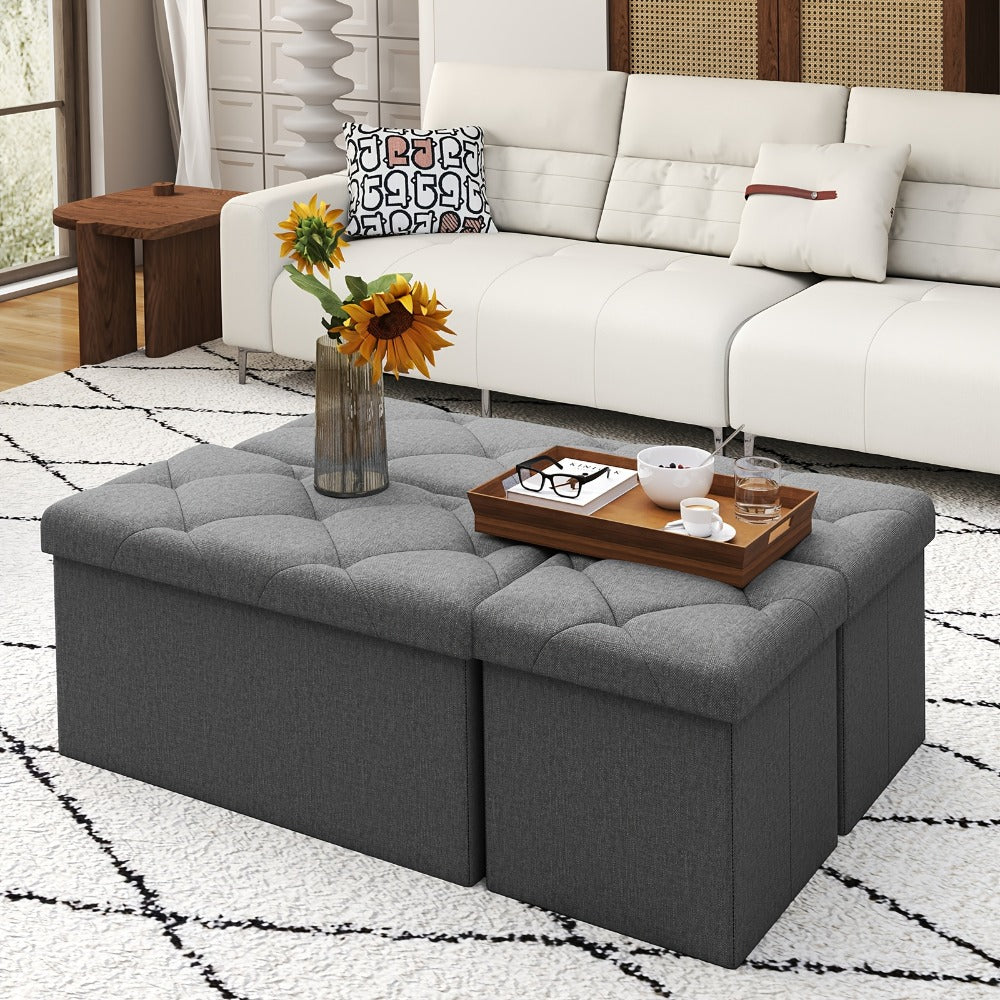 Folding Storage Ottoman Bench Multi-Purpose Heavy Duty Indoor Outdoor Seat, Easy-Clean Non-Porous Surface for Living Room Bedroom Patio Garden, 15 30 43 Inch Set Options Grey