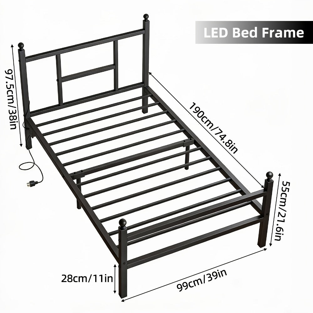 Twin Bed Frame with LED Lights and Charging Station, Heavy-Duty Metal Platform Bed, Easy Assembly, Black & White, Modern Contemporary Bedroom Design