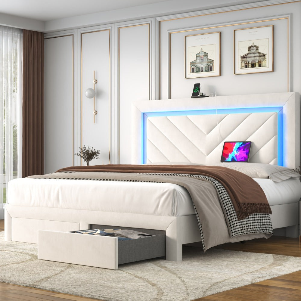 Upholstered Platform Bed Frame with LED Adjustable Headboard, Storage Drawers and Charging Station, No Box Spring Needed, Noise Free, Twin Full Queen, Off White Grey