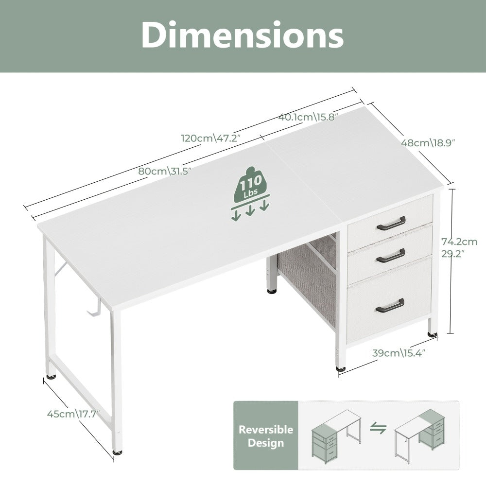 Computer Desk with 3 Fabric Drawers & Hook for Small Space – Home Office Writing Study Table with File Storage, 40"/48" White & Black Bedroom Desk