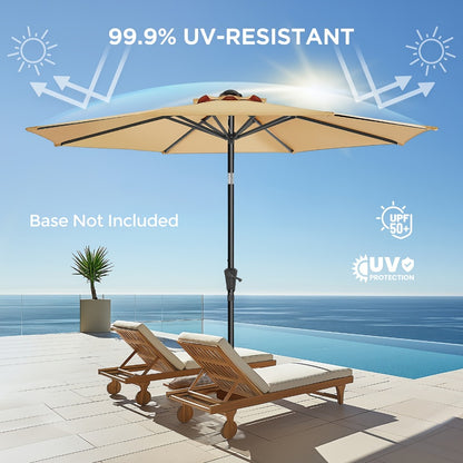 9ft Patio Umbrella UPF50+ 220GSM Solution-Dyed Fabric Push Button Tilt & Crank – 8 Steel Ribs Vented Canopy for Garden Deck Backyard Pool (Beige, Red, Dark Blue)